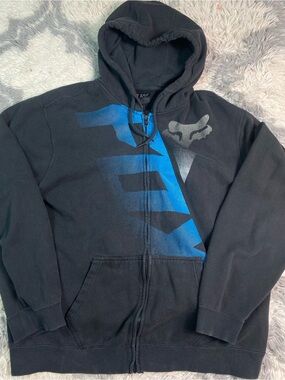 Vintage Fox Racing Hoodie Mens 2XL Black Spell Out Fleece Motorcross Y2K Zip Up